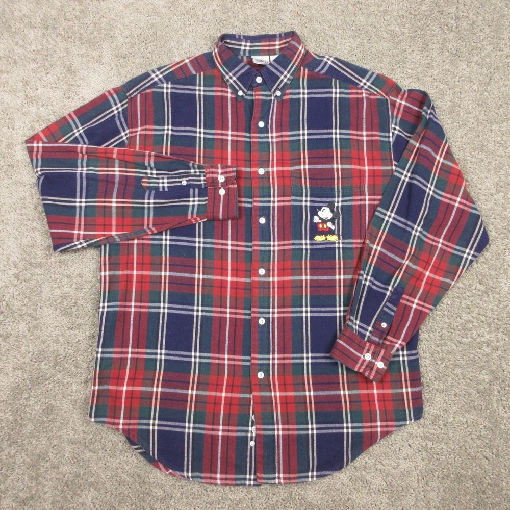 Vintage Disney Shirt Mens Medium Tartan Plaid Flannel Mickey Mouse Button Up Y2K